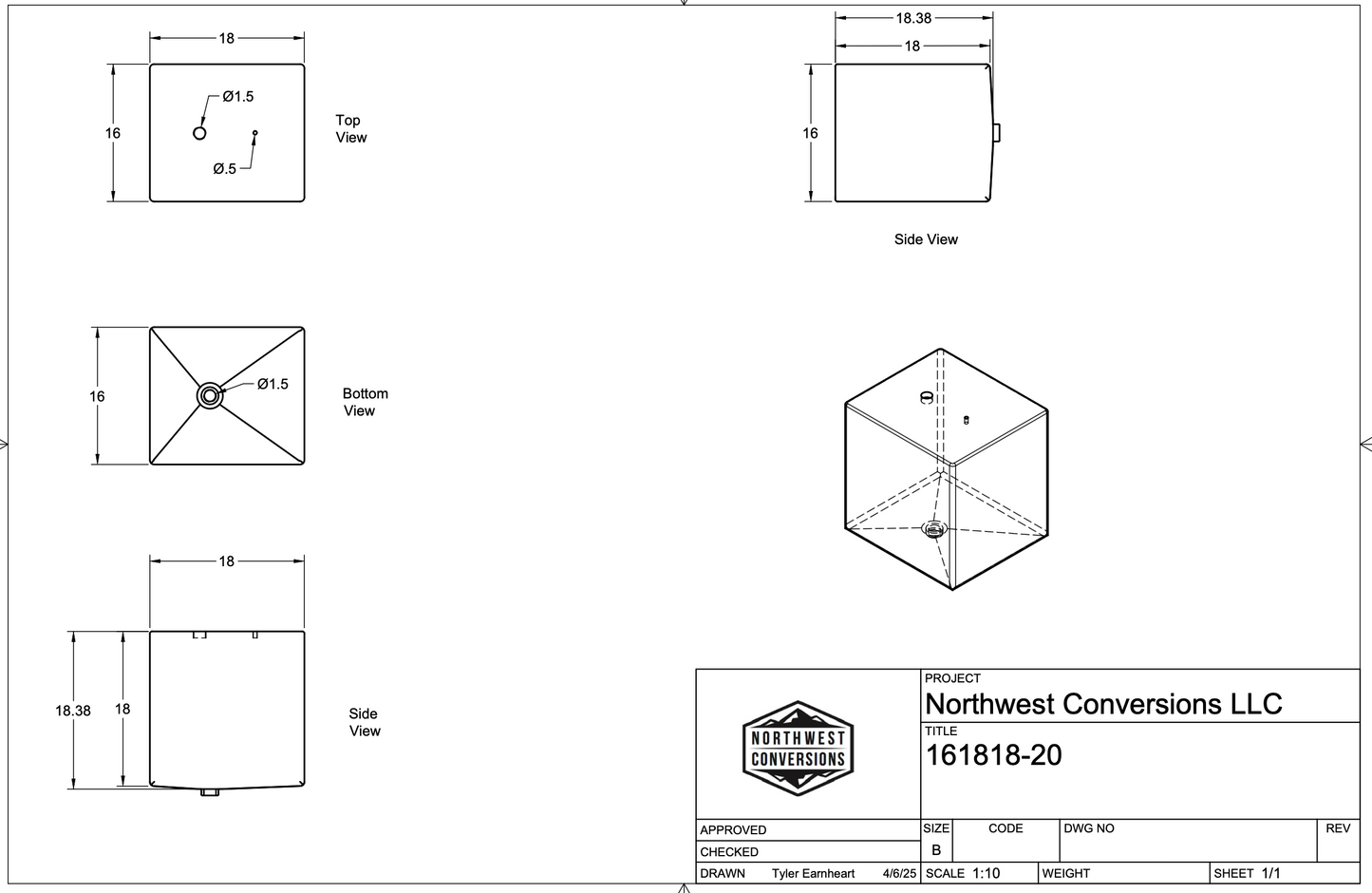 NW Conversions 20 Gallon Galley Water Tank (Fresh/Grey)